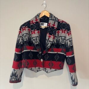 VINTAGE RHONDA STARK Red &‎ Black Wool Blend Aztec Western Cropped Jacket